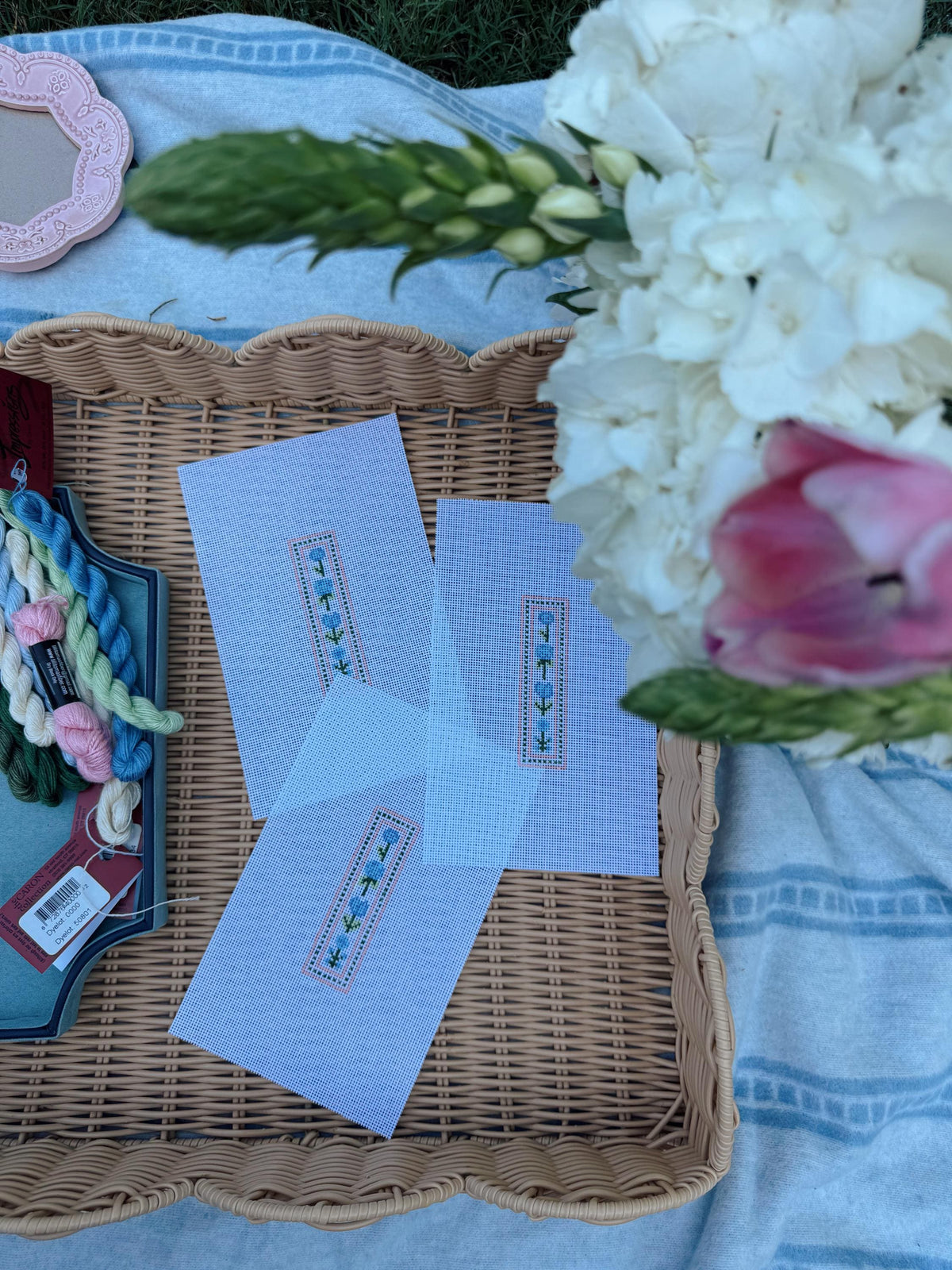 Floral Bookmark Needlepoint Canvas | Hand Painted 18 Mesh Bookmark Canvas | Blue Floral Needlepoint Design