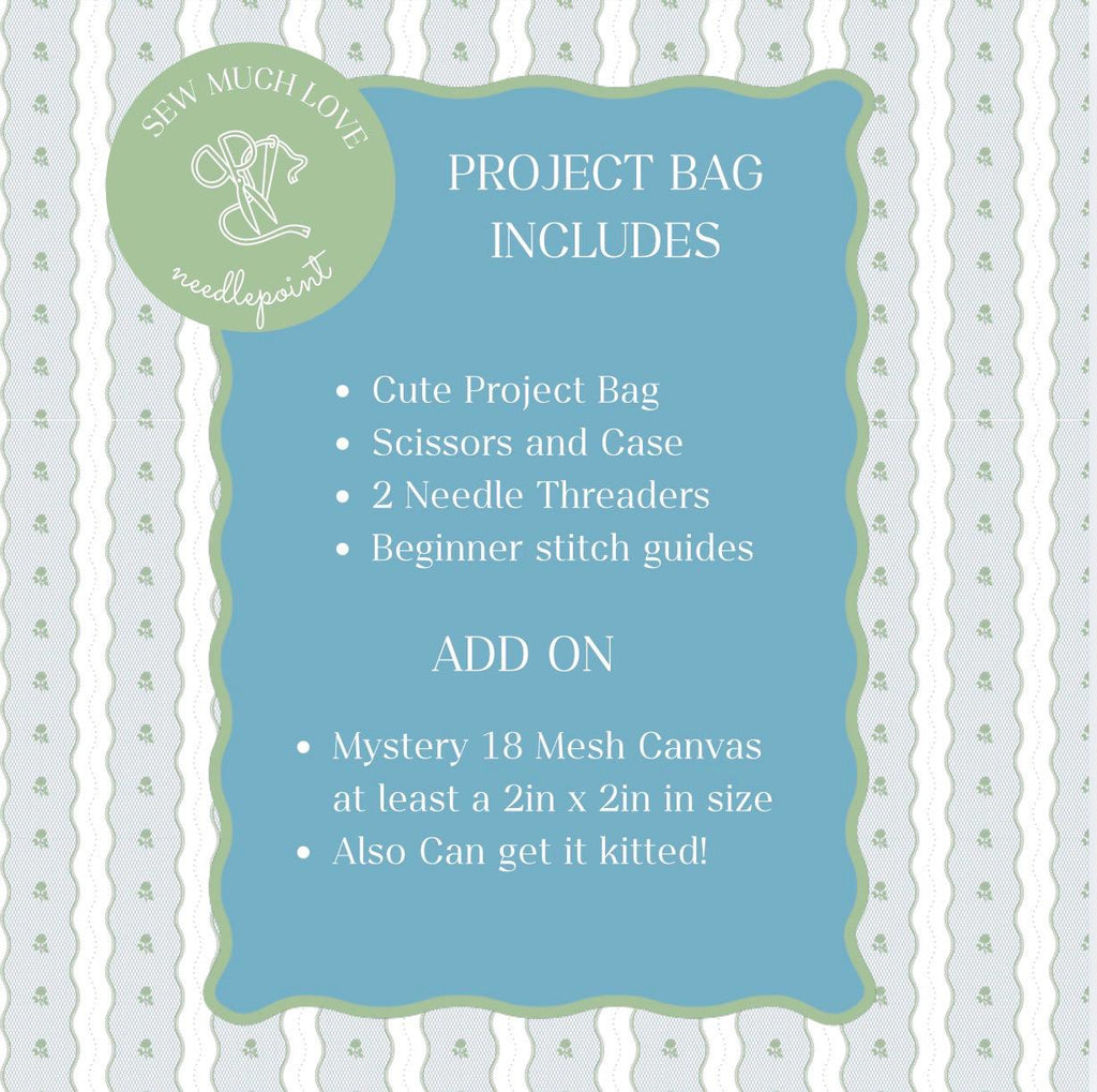 Beginner Needlepoint Kit | Blue Project Bag, Stitch Guides, Canvas (Add-On)