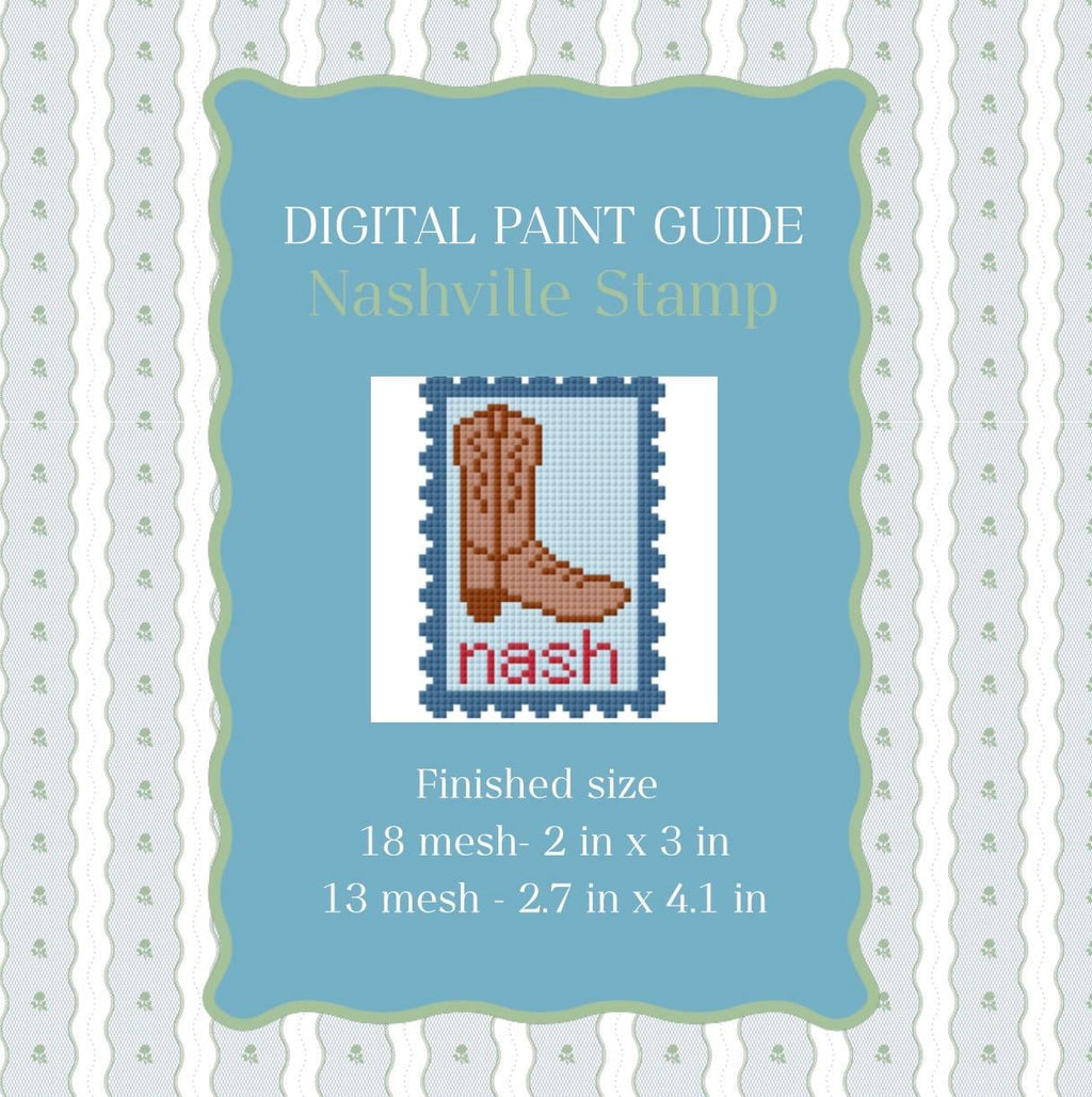 Nashville Stamp Blue Needlepoint Pattern | Cowboy Boot Paint Guide (PDF Digital Download)