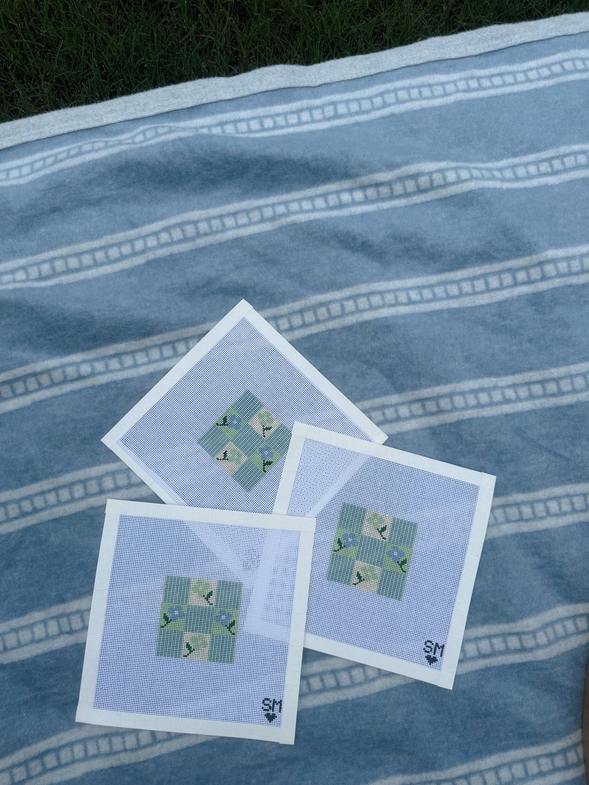 Blue Floral Block Needlepoint Canvas | 18 Mesh Needlepoint Canvas | Beginner Friendly Needlepoint | Floral Coaster Canvas